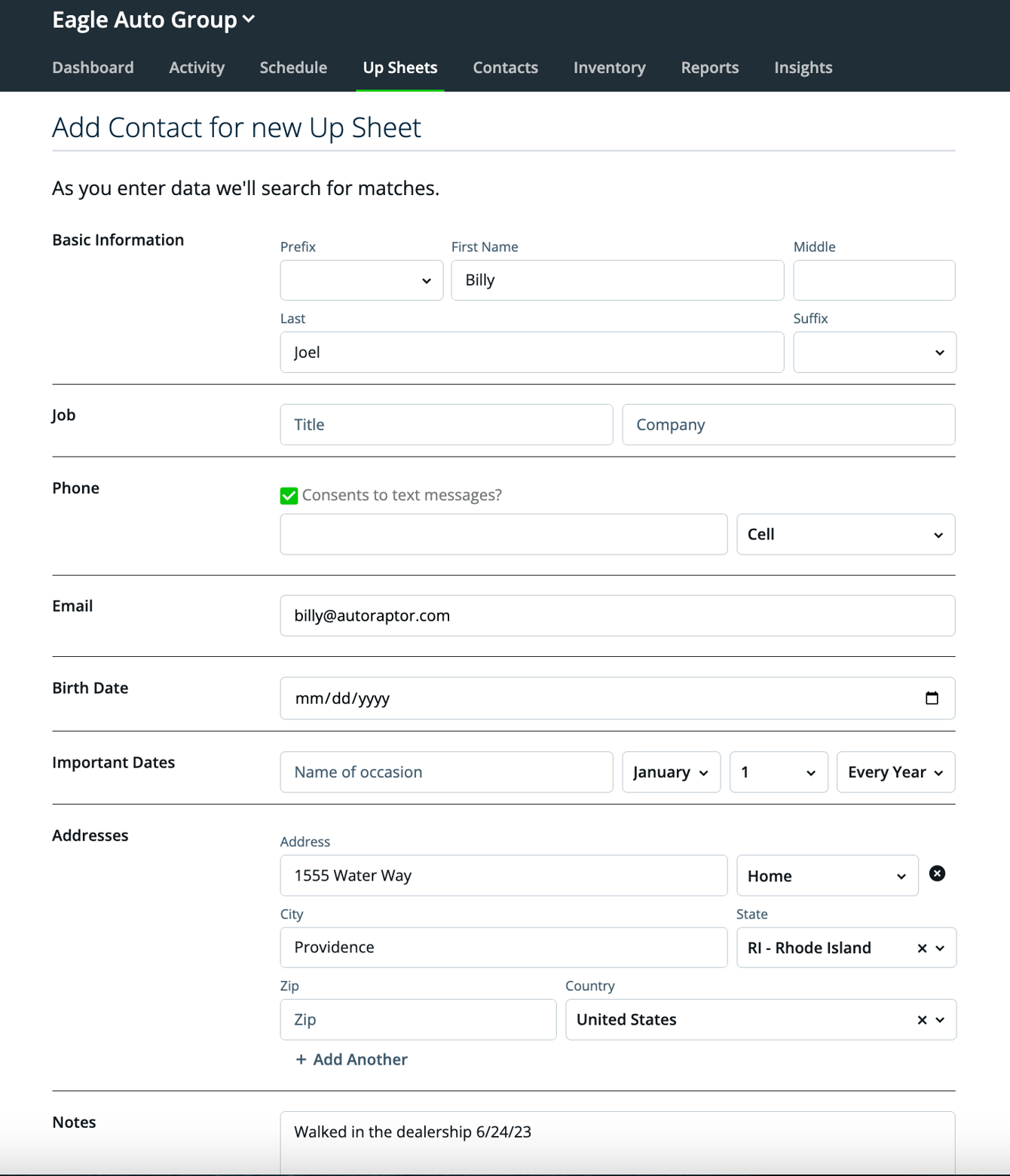 Up List Example Creating an Up Sheet Manually